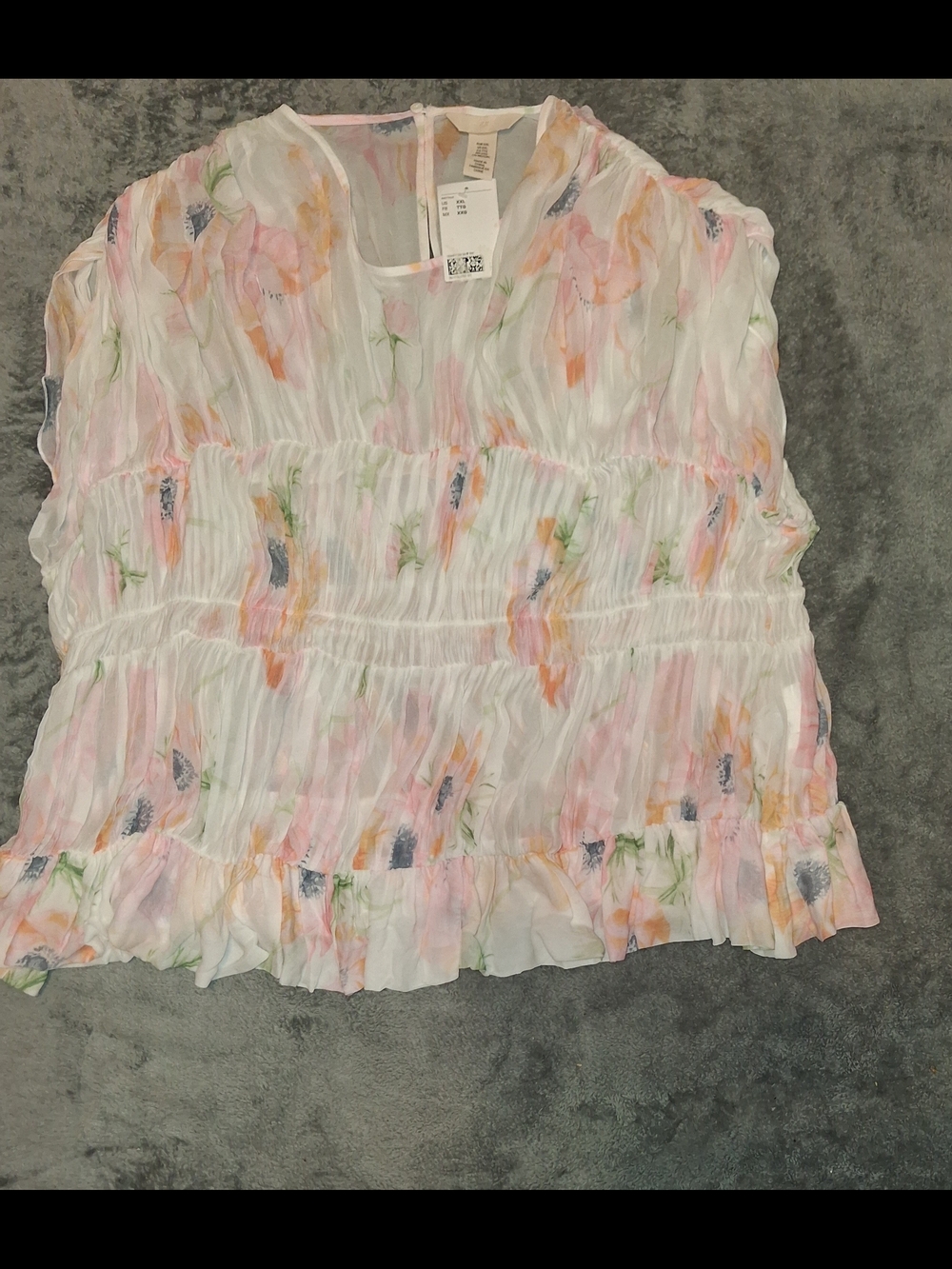 NWT H&M White Sheer Floral Pleated Blouse with Pink and Peach Accents